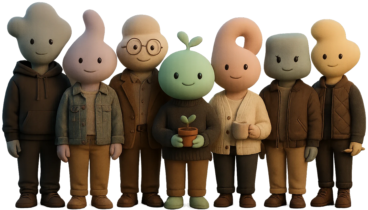 Seven not-human characters standing in a row — soft matte 3D renders