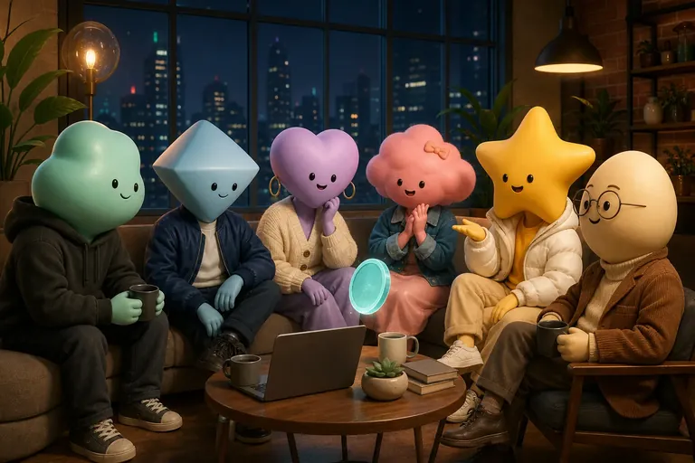 The not-human crew relaxing on a couch around a laptop in a cozy loft at night