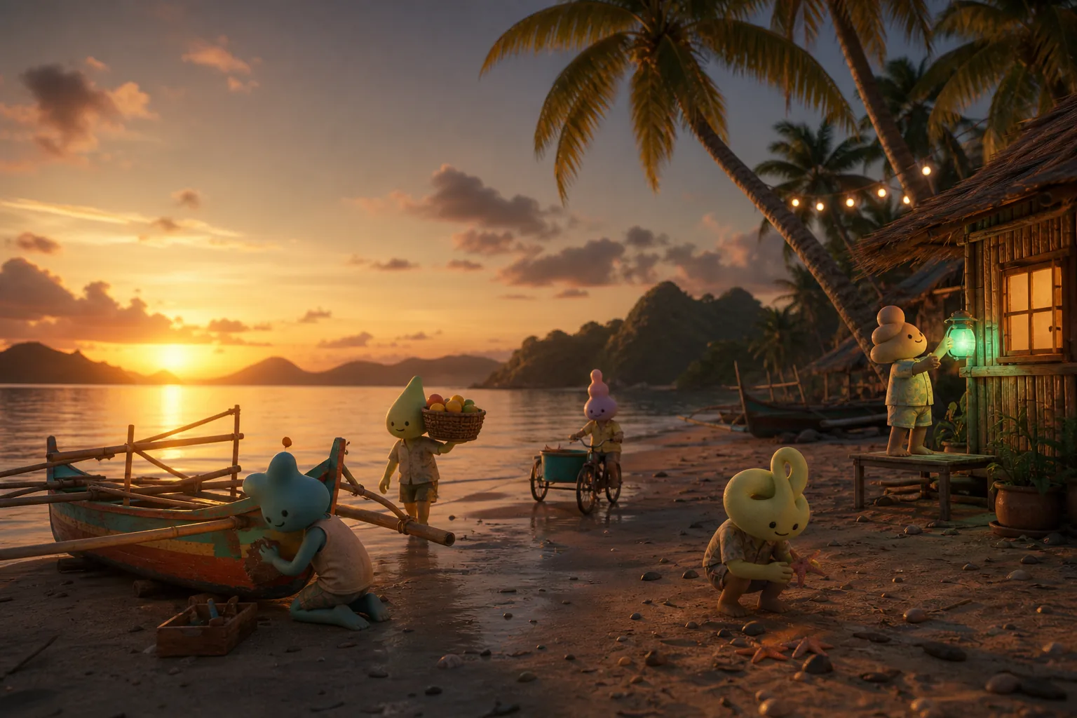 A Philippine seaside village at golden dusk — bangka boats, palms, not-humans at their own tasks