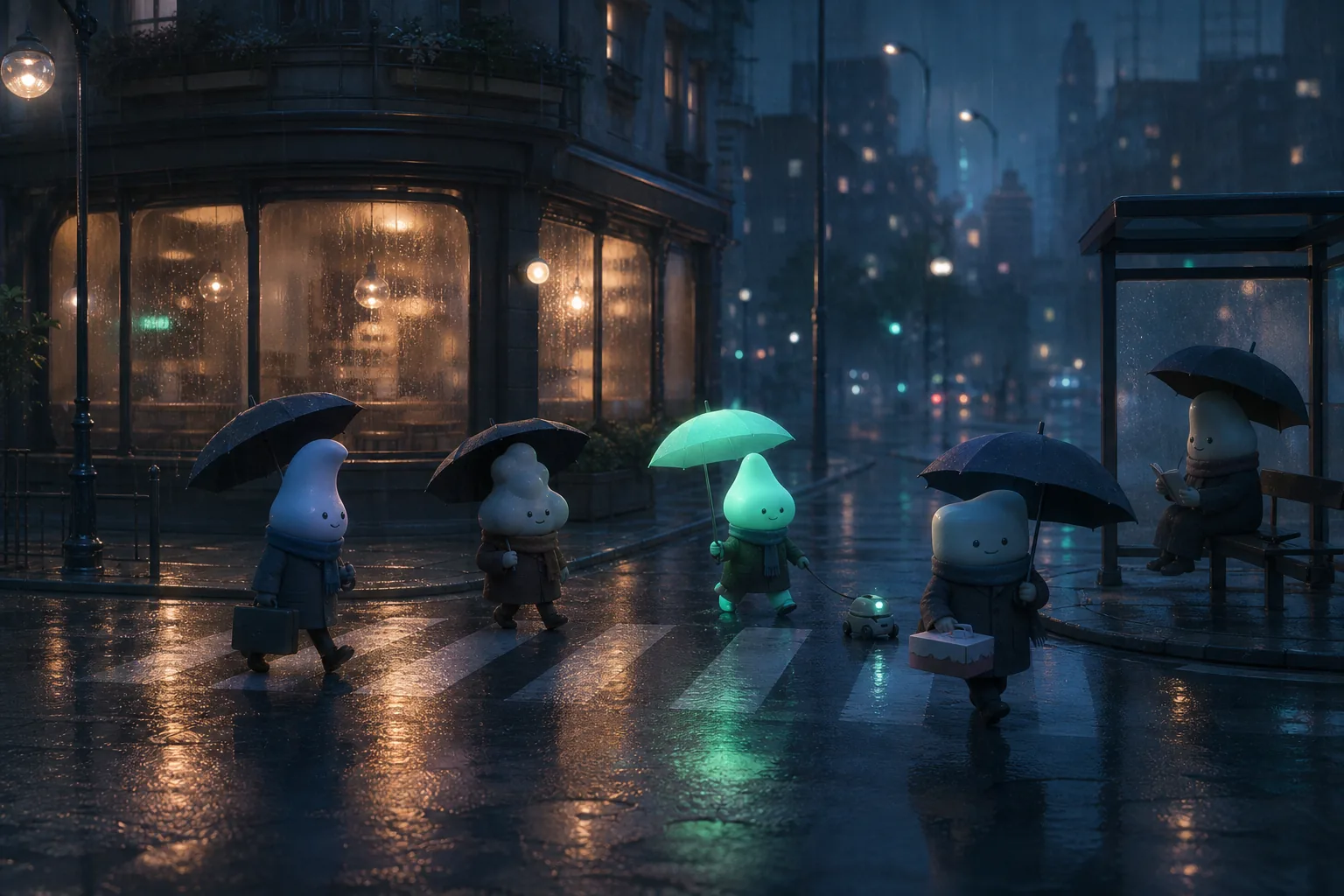 A rainy city crosswalk, not-humans under umbrellas, one glowing mint