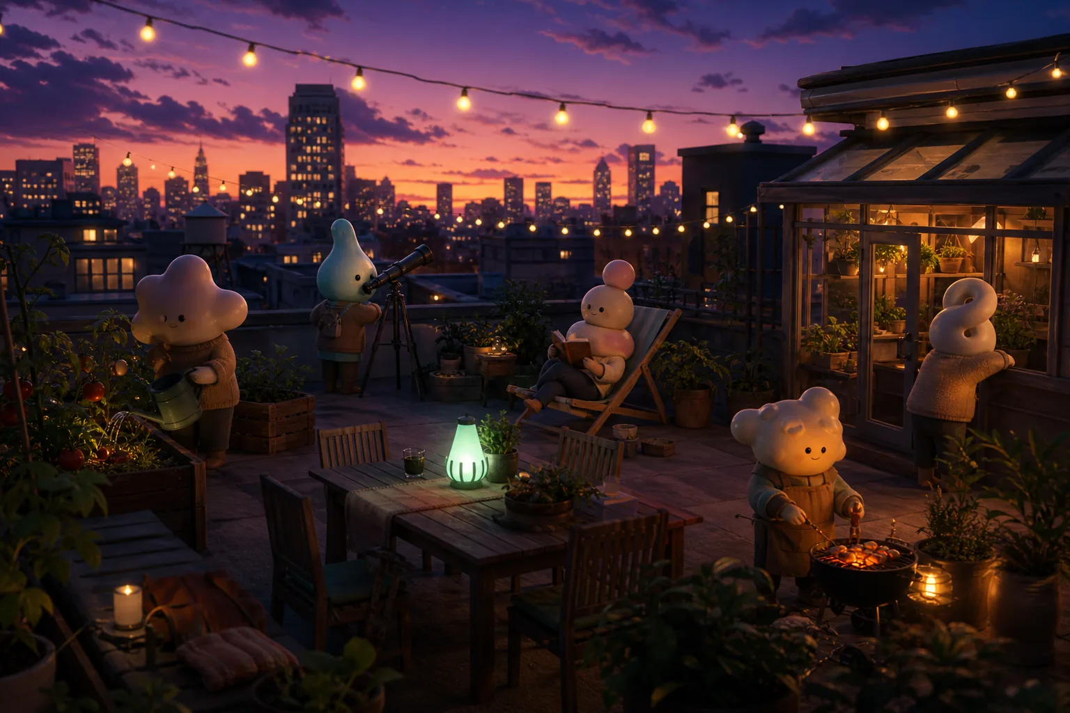 A rooftop garden at dusk under string lights, not-humans grilling, reading and stargazing