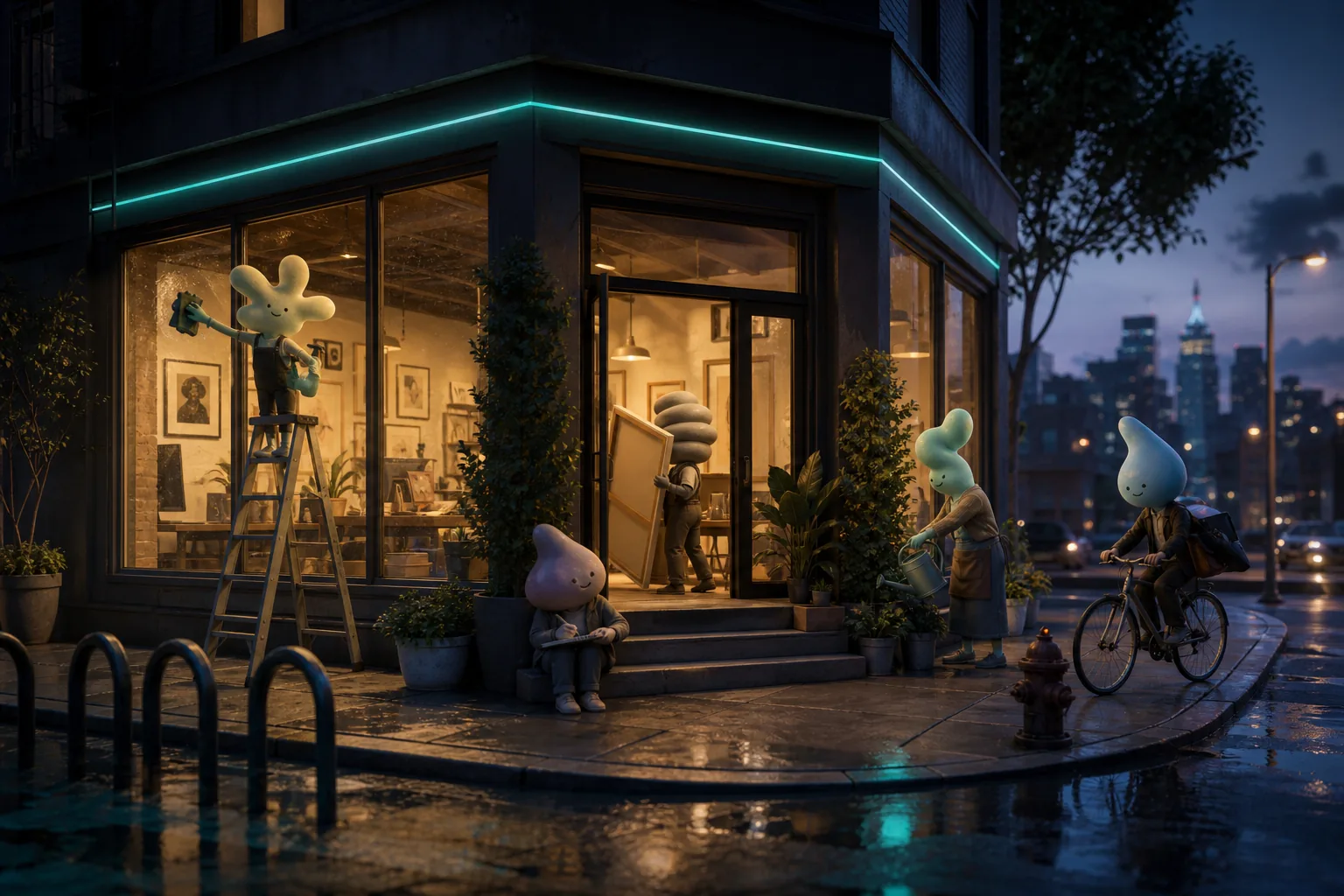 An evening street outside the itisnothuman studio, small not-humans each at their own creative task