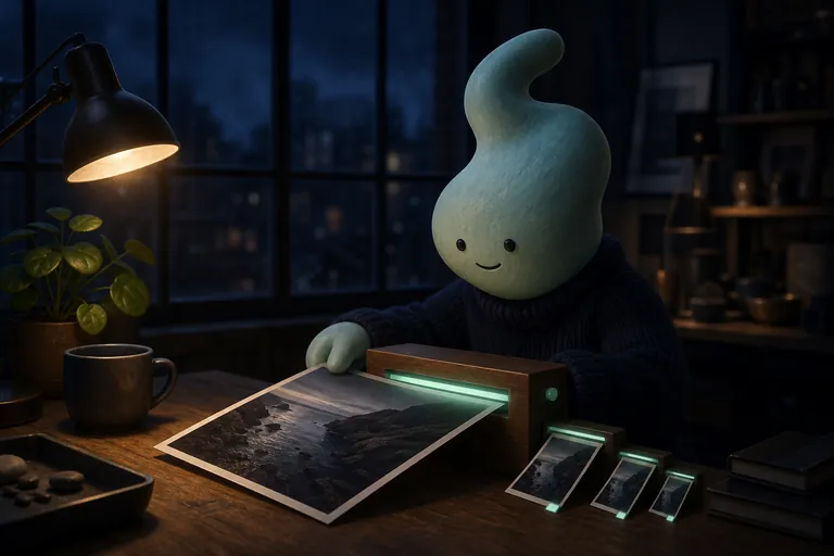 A not-human at a lamplit desk at night, feeding a photograph through a glowing mint slot as three smaller tagged copies emerge