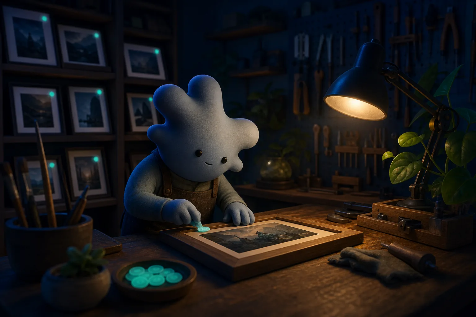 A not-human pressing a glowing seal onto a framed photo in a night workshop