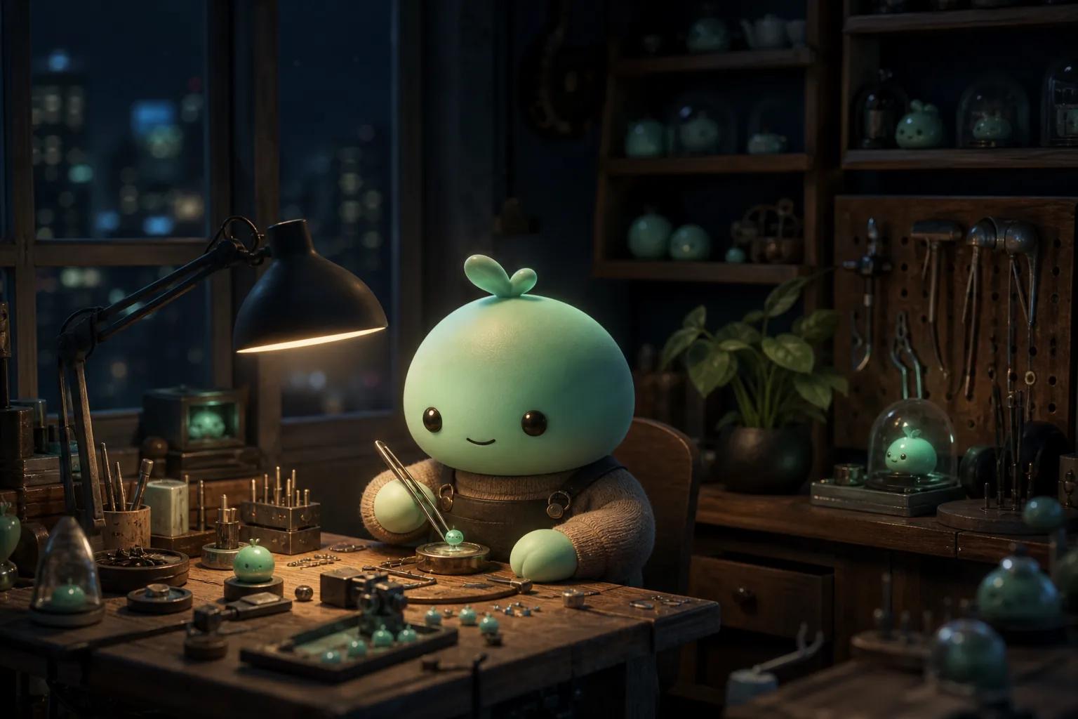 A not-human soldering tiny glowing parts at a cluttered workbench