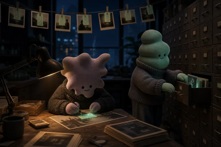 Two not-humans in a photographic archive at night, one copying the handwriting already on a print onto a glowing mint tag