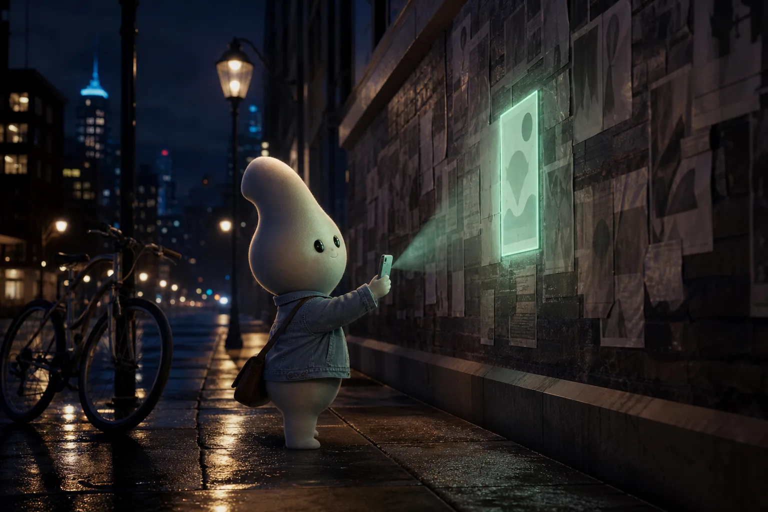 A not-human scanning street posters with a phone, one glowing as detected