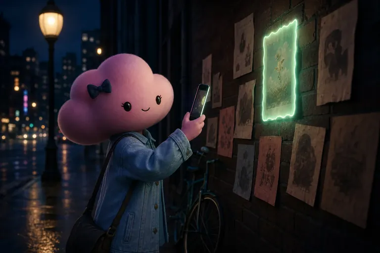 A not-human on a rainy street at night, scanning a wall of posters — one glowing mint where an AI image was found