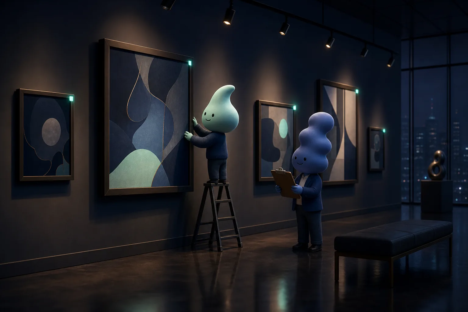 Two not-humans hanging tagged artworks in a dark gallery
