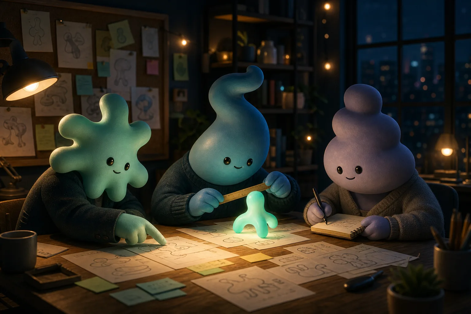Three not-humans collaborating over sketches, measuring a small glowing prototype