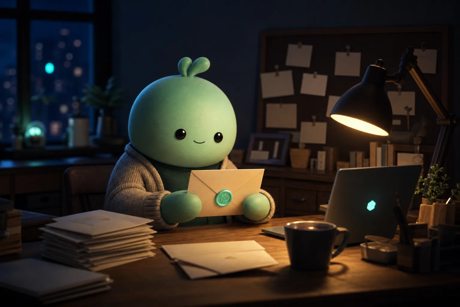 A mint-green not-human reading a sealed letter at a desk stacked with envelopes, at night