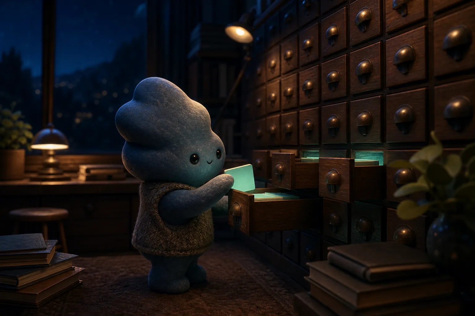 A not-human filing glowing prompt cards into a card catalog