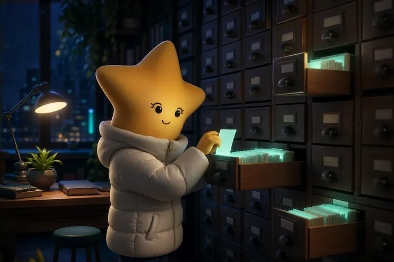A star-headed not-human filing glowing cards into a wooden archive