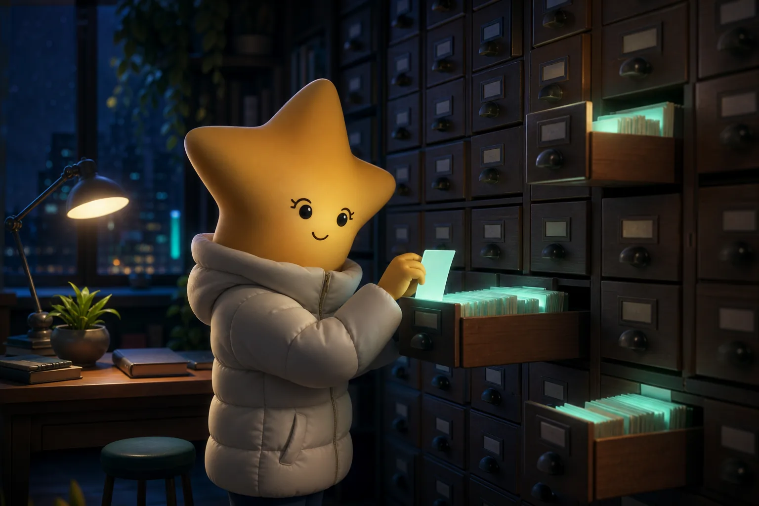 A star-headed not-human filing glowing cards into a wooden archive