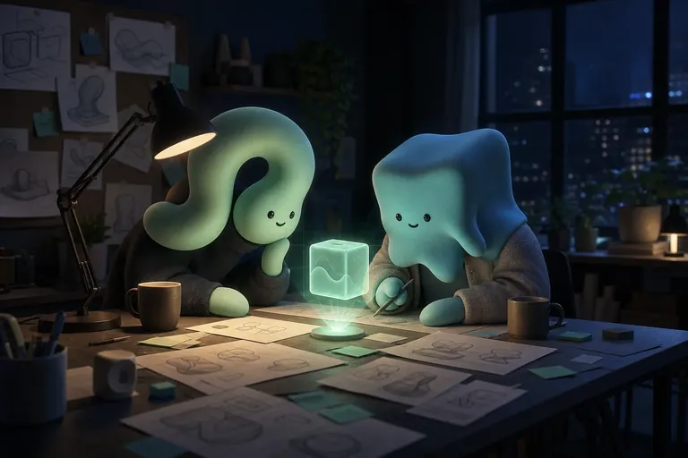 Two not-humans sketching around a glowing holographic prototype