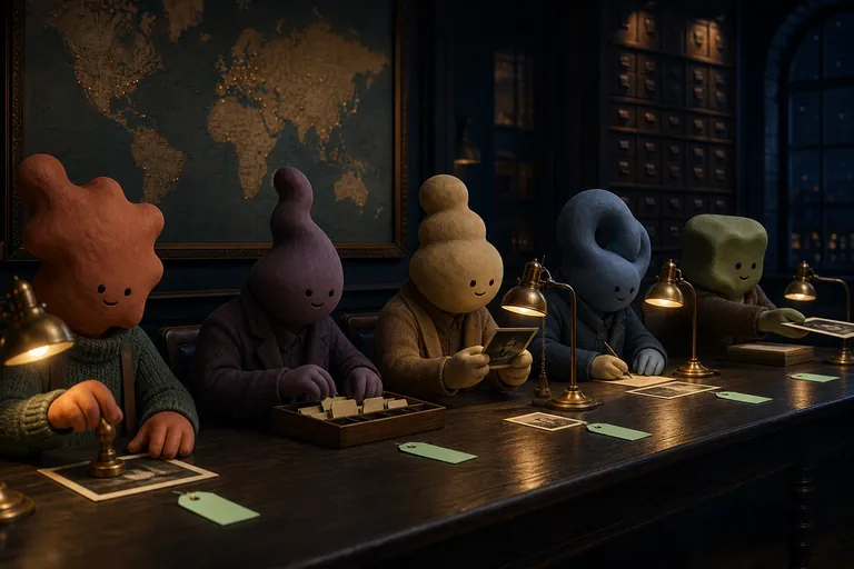 Not-humans along a lamplit desk checking paper labels, one holding a card up close