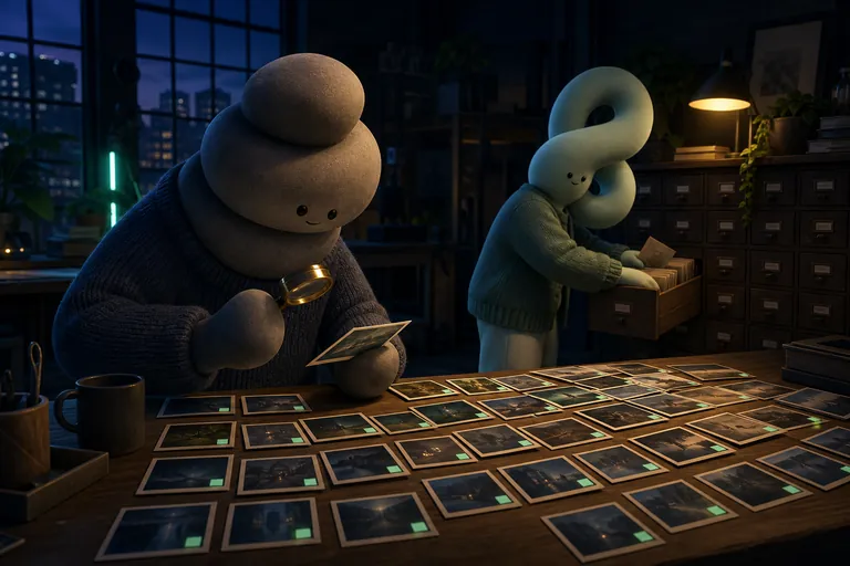 Two not-humans in a lamplit studio at night, one checking a photograph through a brass loupe while dozens of tagged photographs lie fanned across the desk