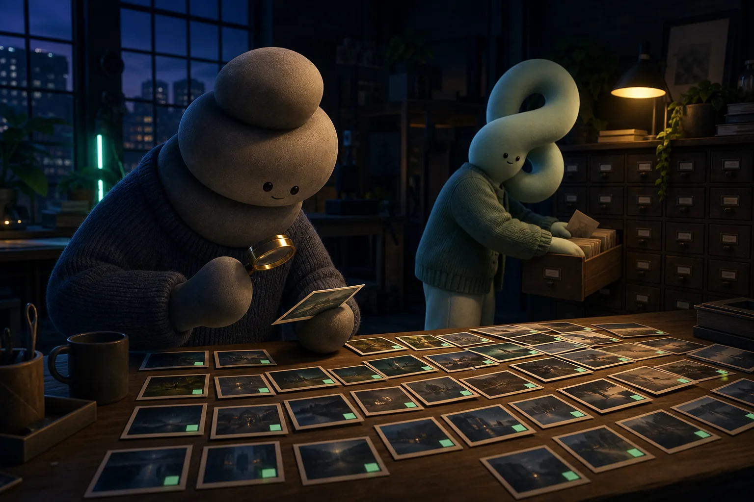 Two not-humans in a lamplit studio at night: one holds a brass loupe over a single small photograph, the other files cards into a wide card-catalog drawer, while dozens of photographs lie fanned across the desk, each carrying the same small mint-green tag