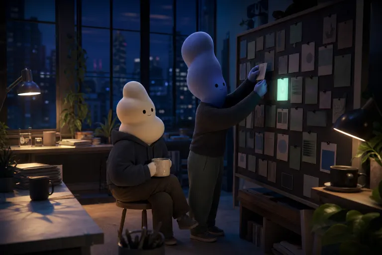 Two not-humans in a night studio pinning a card onto a board of many cards, one glowing mint