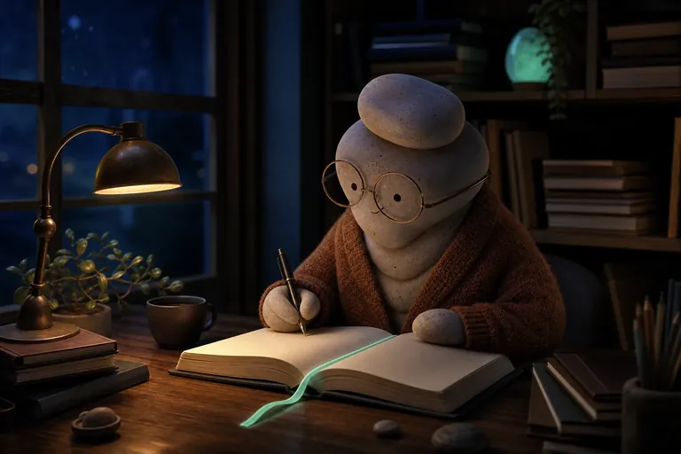 A pebble-headed not-human in wire glasses writing in a large ledger with a glowing mint ribbon bookmark, at a desk by a night window