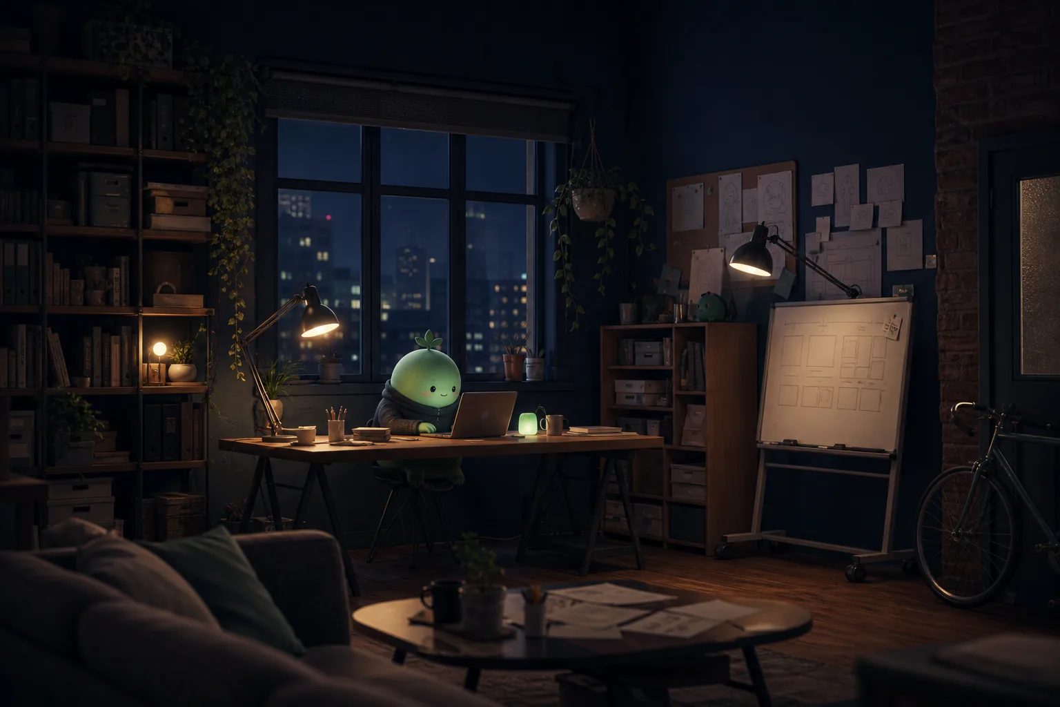 A quiet studio office at night — bookshelves, plants, a whiteboard, one not-human at a desk