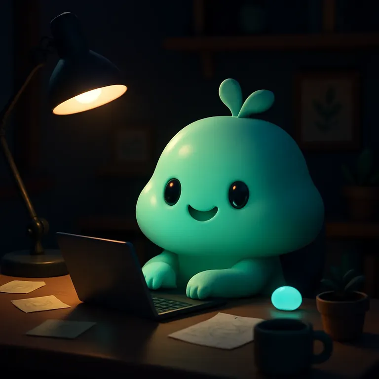 A mint-green not-human working at a laptop under a warm desk lamp