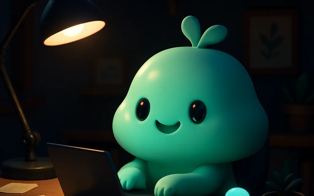 A small mint-green not-human character working at a laptop under a warm desk lamp at night.