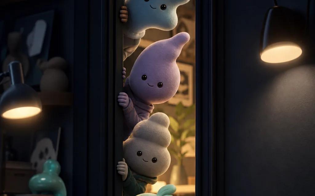 Several small not-human characters peeking around a doorway into a warmly lit room