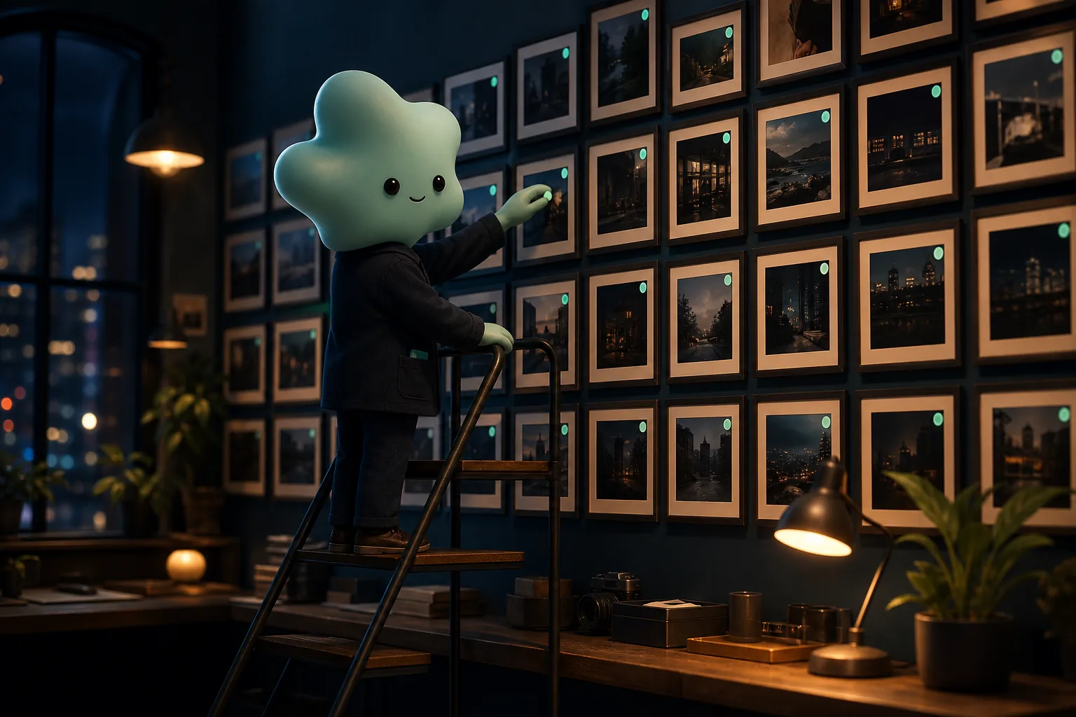 A not-human on a ladder placing glowing mint labels on a wall of framed photos