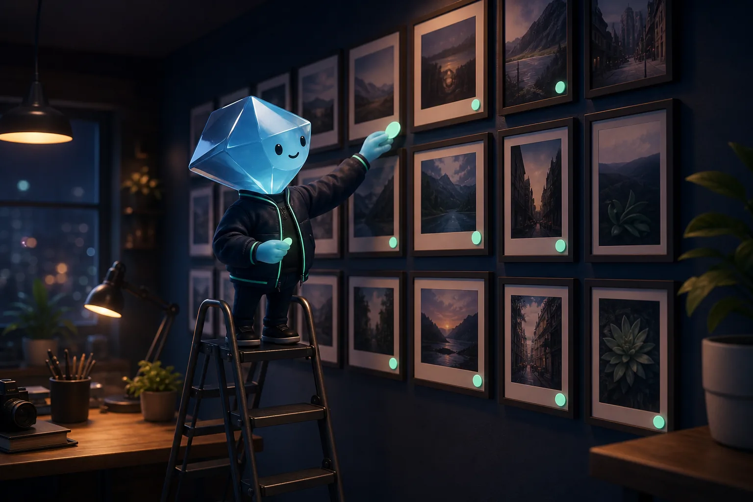 A not-human on a ladder hanging framed pictures in a dark gallery, each frame carrying a small mint tag