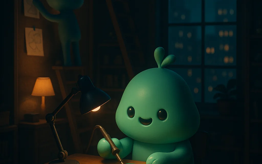 A small cartoon not-human writing in a notebook by a tall window at night.