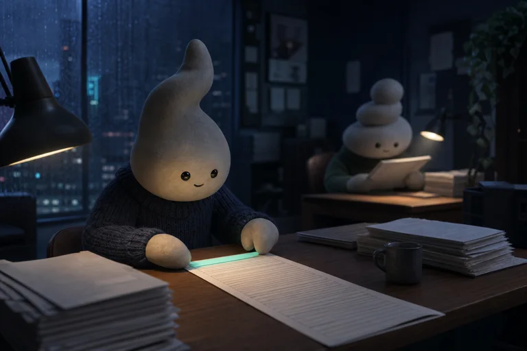 A not-human in a newsroom at night, laying a small glowing mint strip along the top edge of a long printed page